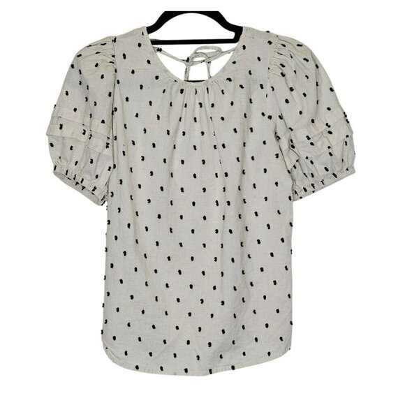 Madewell Womens XS Cream Black Polka Dot Puff Sleeve Top Basic Whimsy Whimsigoth - Picture 1 of 13